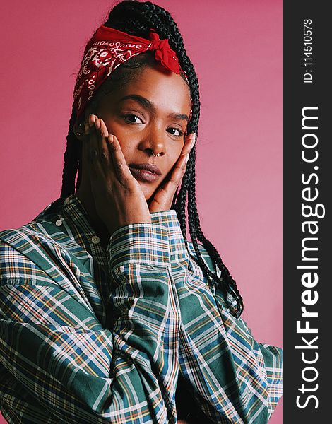 Close-Up Photography of a Woman Wearing Red Bandana