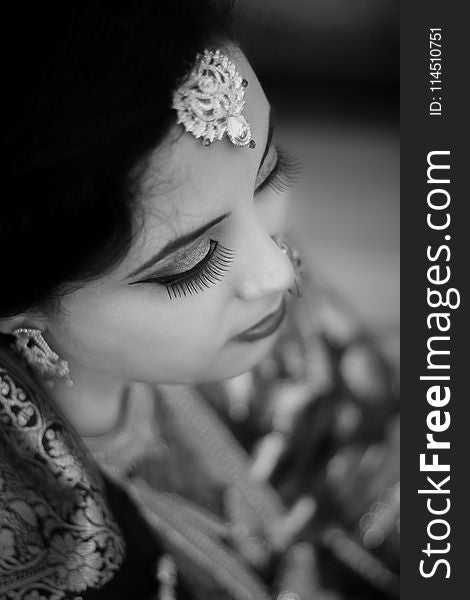 Grayscale Photo of Woman Wearing Indian Traditional Dress