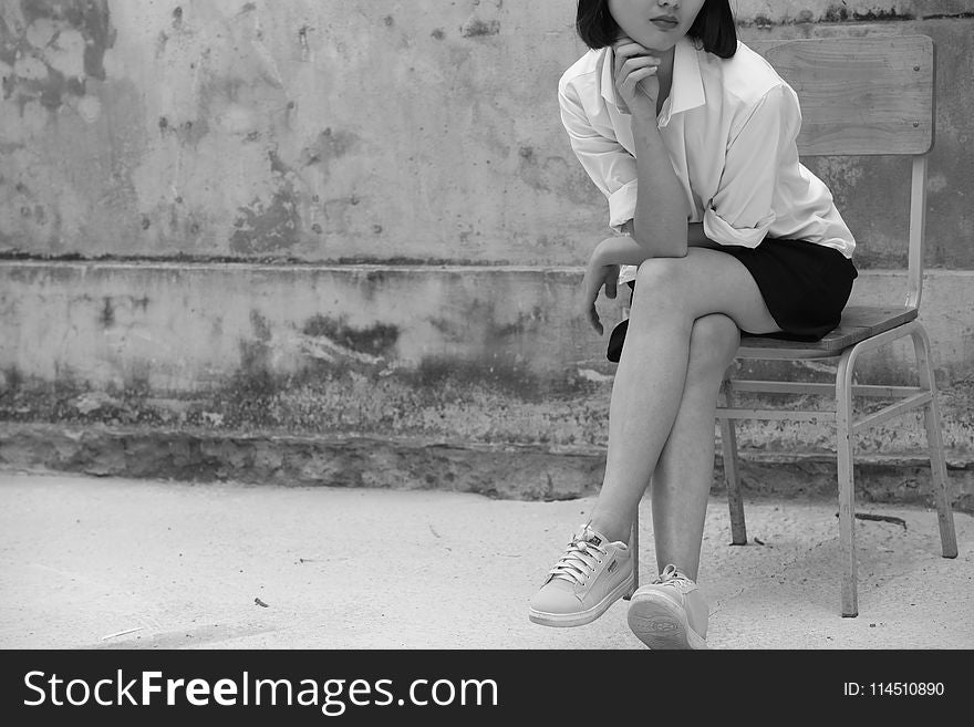 Grayscale Photography of Woman Wearing White Shirt And Black Skirt