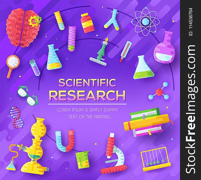 Set of scientific research elements on purple abstract template. Chemistry infographic concept background