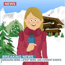 Professional Caucasian Female Reporter With Microphone Presenting The News In Ski Resort In The Winter Royalty Free Stock Photo