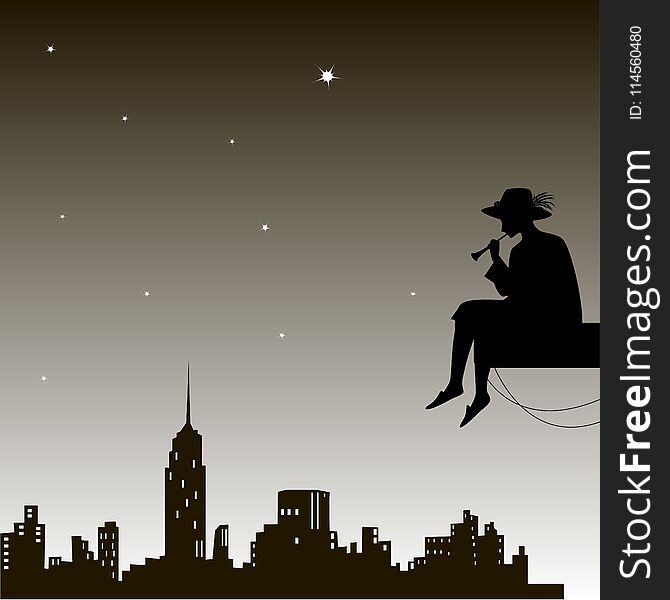 Dreamer Sits And Play Trumpet Under The Night City Sky, City Lullaby, Above The City,