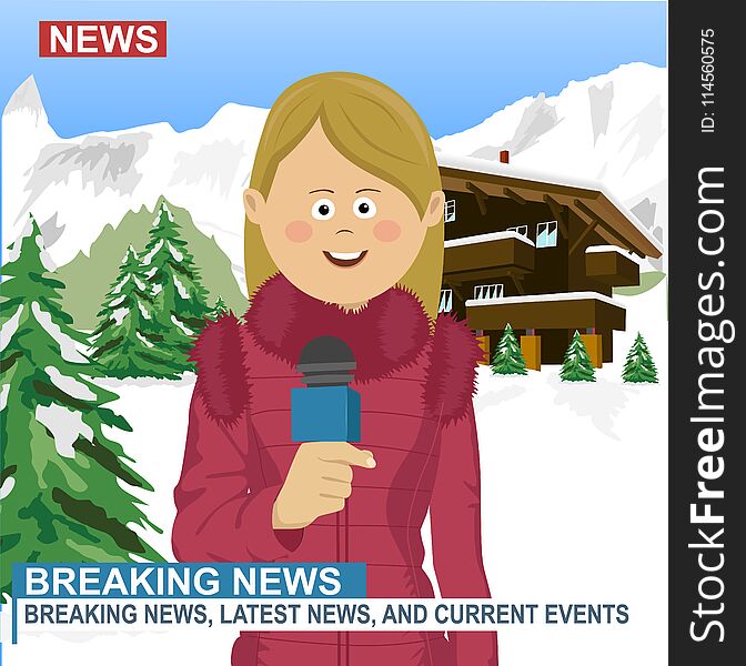 Professional caucasian female reporter with blue microphone presenting the news in ski resort in the winter