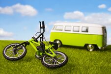 Tourist Minivan And Bicycle Outdoors Royalty Free Stock Photography
