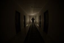 Creepy Silhouette In The Dark Abandoned Building. Dark Corridor With Cabinet Doors And Lights With Silhouette Of Spooky Horror Per Stock Photography Creepy Silhouette In The Dark Abandoned Building. Dark Corridor With Cabinet Doors And Lights With Silhouette Of Spooky Horror Per Stock Photography