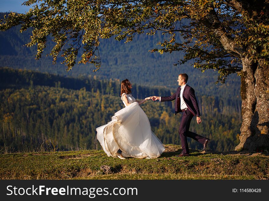 Bride and groom in carpathians, mountains, beautiful nature