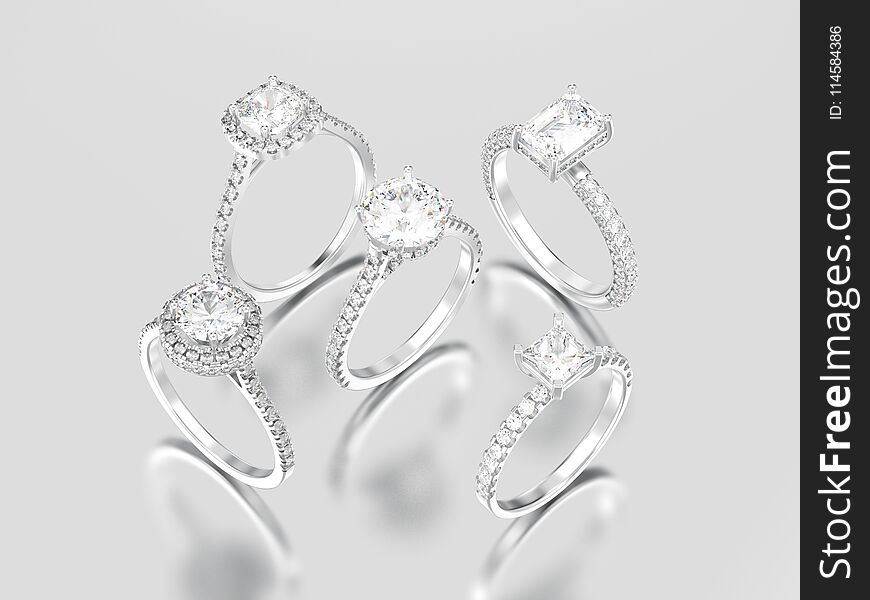 3D illustration five white gold or silver decorative diamond rings