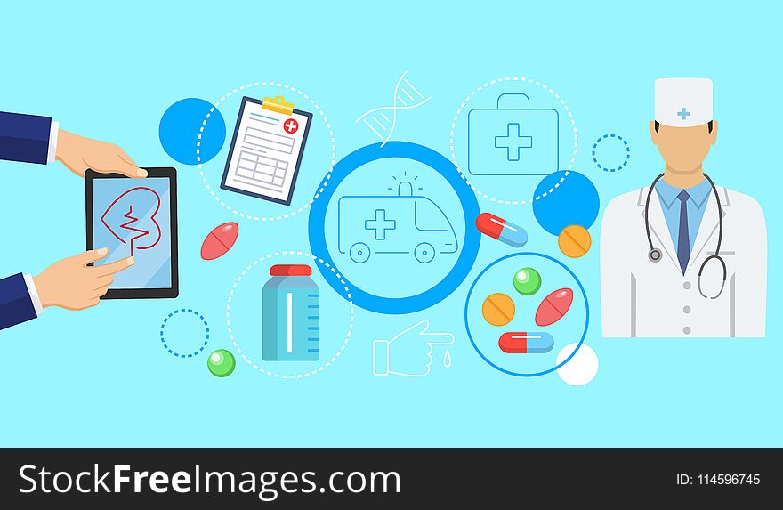 Online medicine banner with flat icons of digital healthcare solutions with electronic device vector illustration. Man holding tablet doctor pills filling form ambulance symbols for medical app