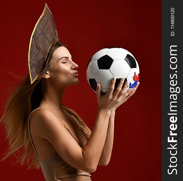 Ruusian Style Fan Sport Woman Player In Kokoshnik Hold Soccer Ball Celebrating Happy Smiling Laughing