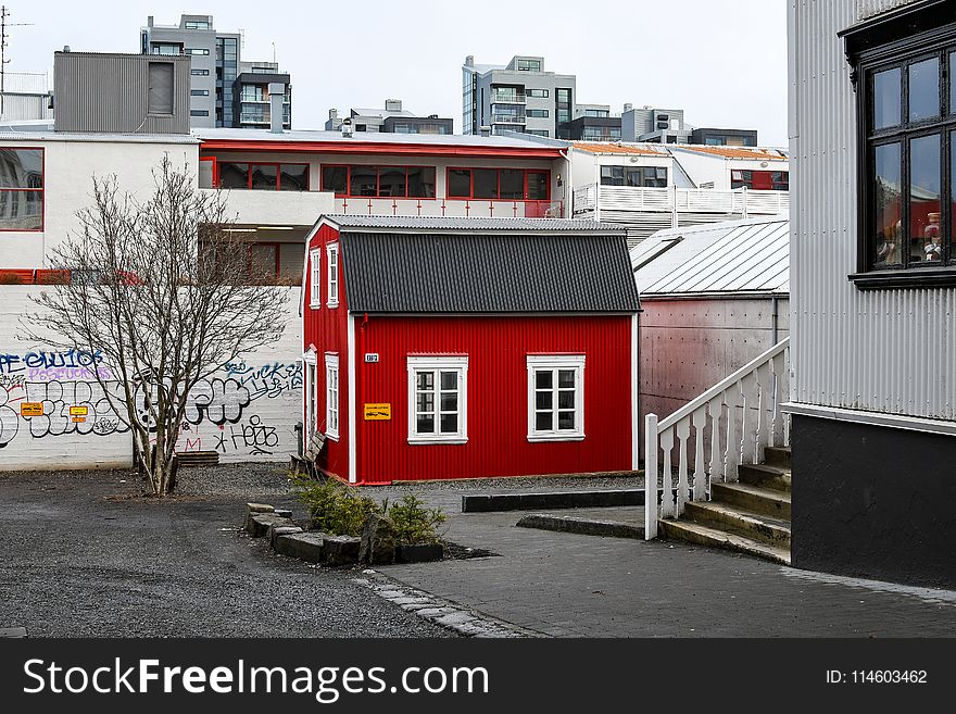 Red And White Wooden House Beside Brown Tree