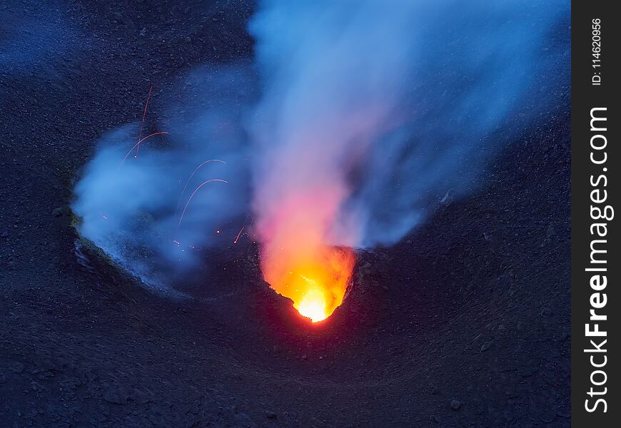 Eruption of the Stromboli volcano, Aeolian islands, Sicily, Italy.