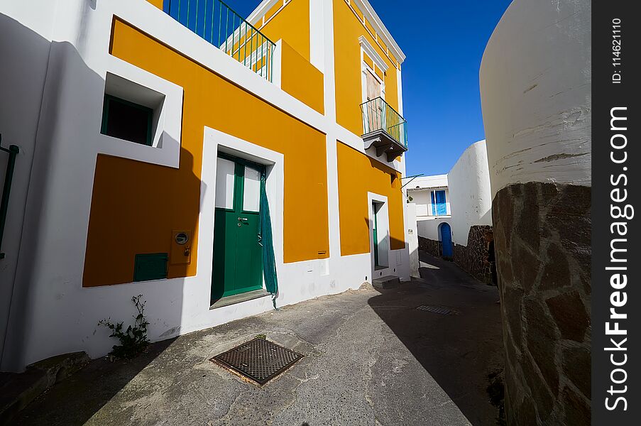 Mediterranean architecture on the streets of the Aeolian islands, Sicily, Italy.