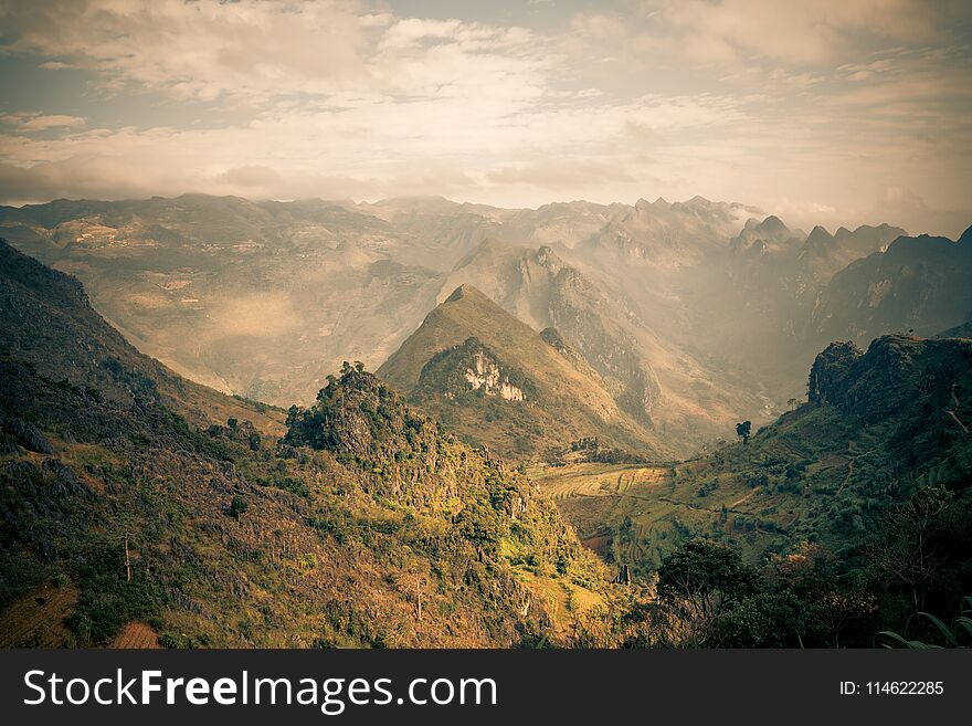 Beautiful Royalty free stock photo. fog sweeps across the mountains of vietnam