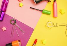 Flat Lay Photography With Cosmetics And Accessories On Colorful Background Stock Photo