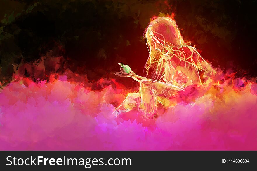 Passion of Love - Illustration of Nude Girl in mood sitting in scenic dark place.