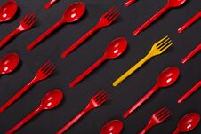 Top View On Plastic Forks On Violet Background Stock Photos