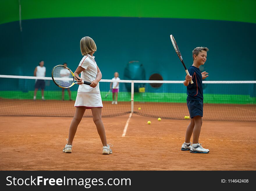 Children at school during a dribble of tennis. Children at school during a dribble of tennis