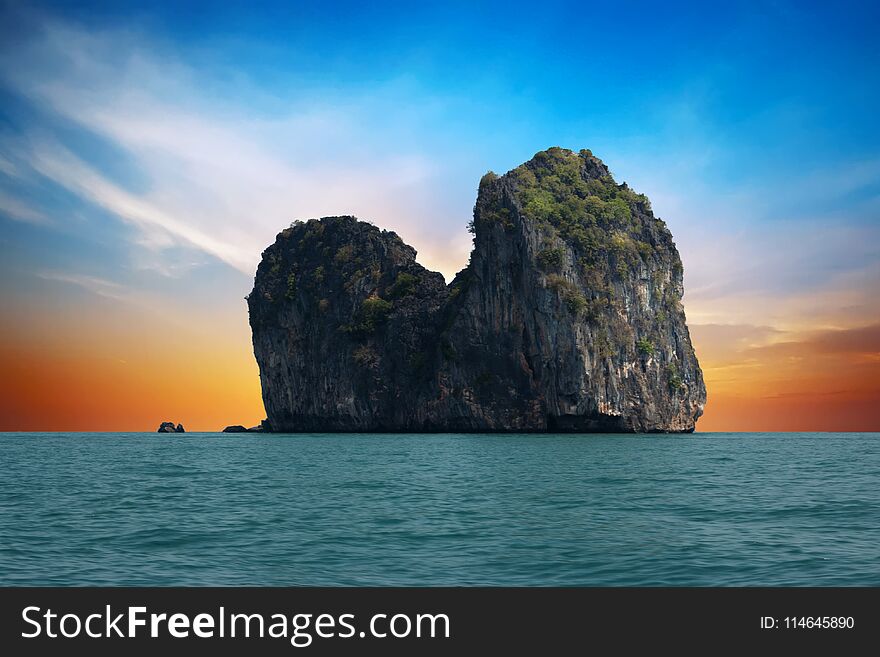 Ko Ma Island, In Front Of Ko Ngai At Sunset. Ko Lanta, Thailand.