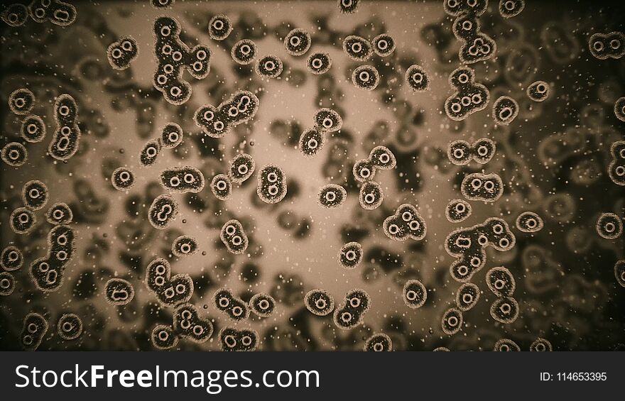Viruses attacking cells or bacterias under microscope