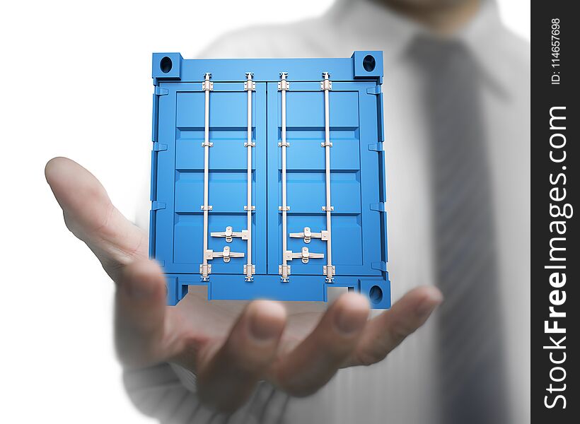 Businessman hand holding 3d blue cargo container, isolated on white background.