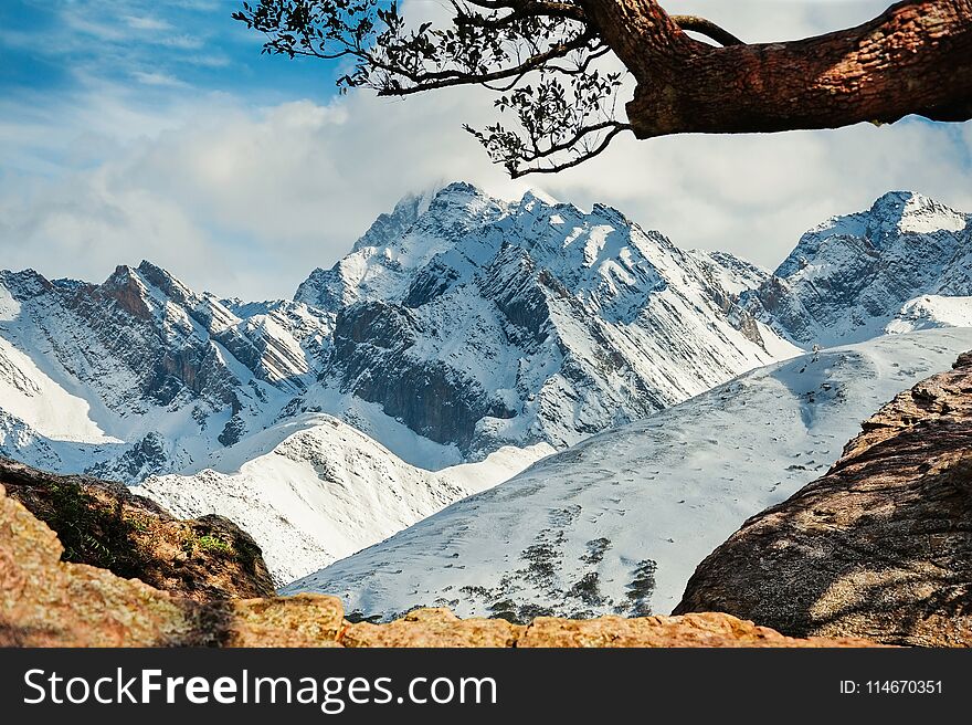 Beautiful snow mountain winter view from a top of high mountain