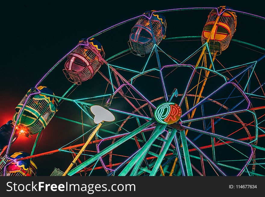 Lighted Ferris Wheel At Night