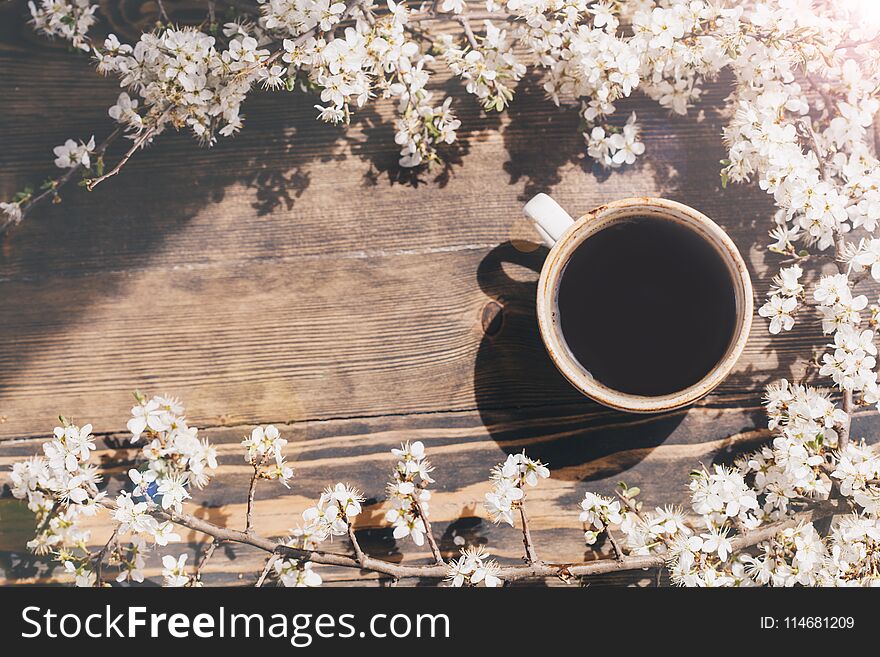 Cop of coffee in frame made of blossoning tree branches on wooden background. top view, flat lay