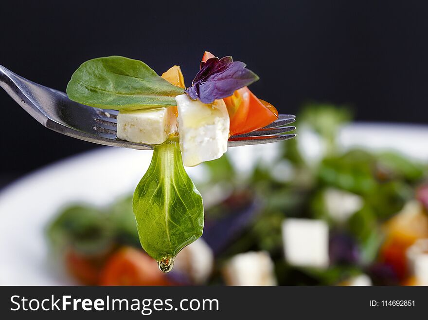 Salad With Cheese, Tomatoes And Basil On A Fork.