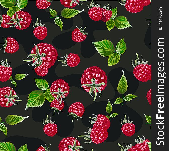 Raspberry seamless pattern. Natural fresh bilberry embroidery background pattern.
