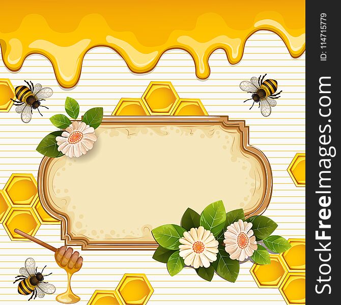 Beautiful background with bees,honey, flowers.