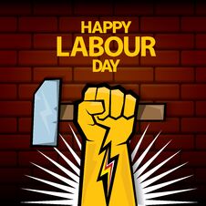 Happy Labour Day Vector Label With Strong Orange Fist On Red Brick Wall Background. Vector Happy Labor Day Background Or Royalty Free Stock Image
