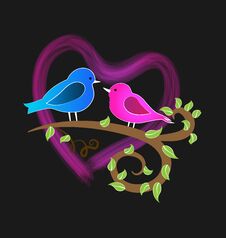 Loving Birds On A Branch, And Pink Heart Icon Logo Royalty Free Stock Photo