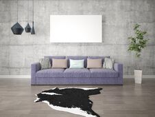 Mock Up A Stylish Living Room With A Purple Sofa. Stock Photos