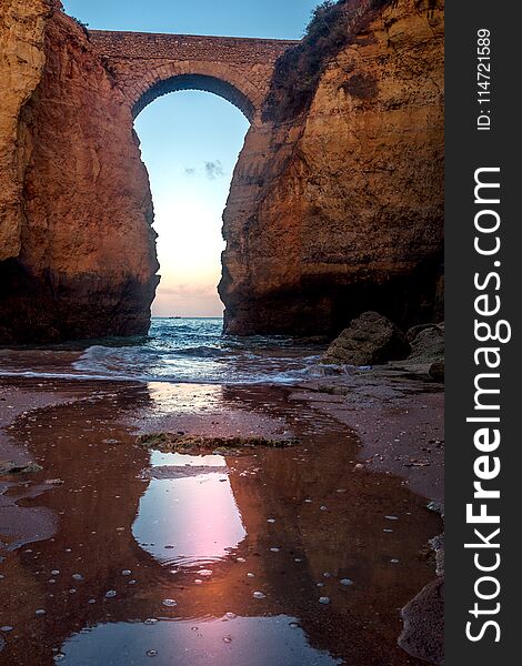 Landscape of the rocks, cliffs and ocean beach coastline Algarve Portugal,Panoramic nature beauty seascape, sunshine view