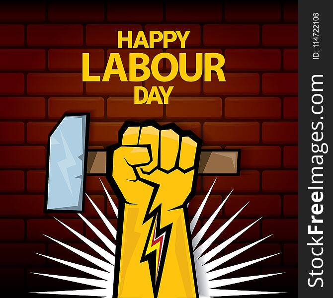 Happy Labour Day Vector Label With Strong Orange Fist On Red Brick Wall Background. Vector Happy Labor Day Background Or