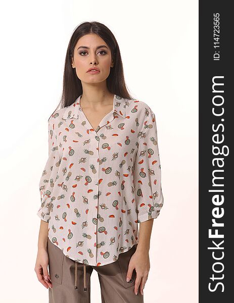 Indian Student Young Woman With Model Girl In Summer Short Sleeve White Printed Blouse