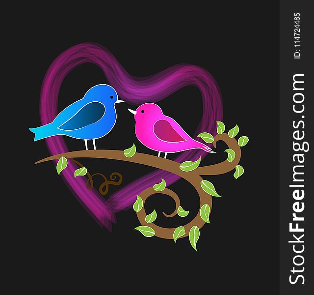 Loving birds on a branch, and pink heart icon logo. Animal nature, birds, love, illustration.