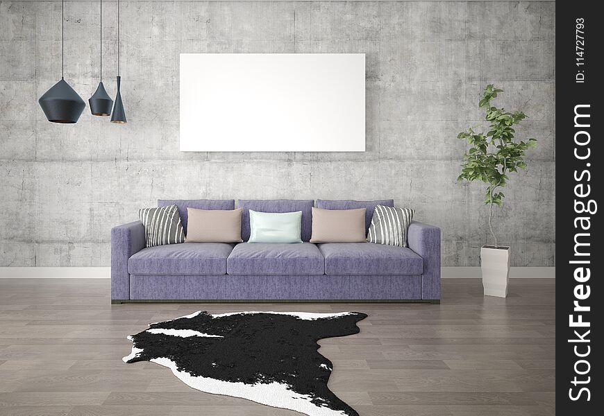 Mock up a stylish living room with a purple sofa.