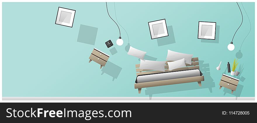 Interior concept background with furniture hovering into new bedroom , vector , illustration