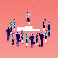 Vector Flat Illustration With Successful Business Lady Standing On Podium In Front Of Office People Crowd Isolated On Blue Backgro Stock Photography