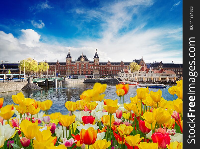 Cityscape with central railway station and old town canal with tulips, Amsterdam, Holland. Cityscape with central railway station and old town canal with tulips, Amsterdam, Holland