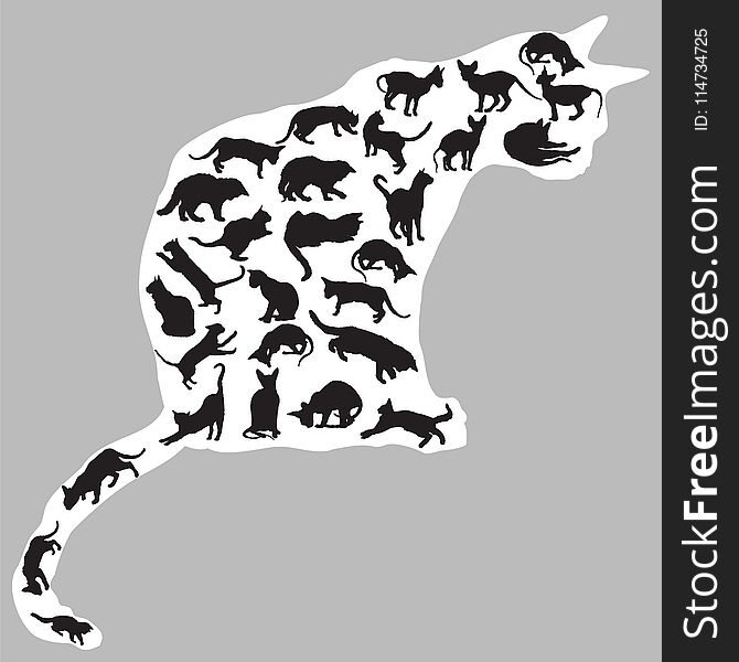 Set of different isolated cats silhouettes sitting, standing, lying, playing in black color inside big sitting silhouette of cat in white color. Grey background. Vector monochrome illustration. Set of different isolated cats silhouettes sitting, standing, lying, playing in black color inside big sitting silhouette of cat in white color. Grey background. Vector monochrome illustration.