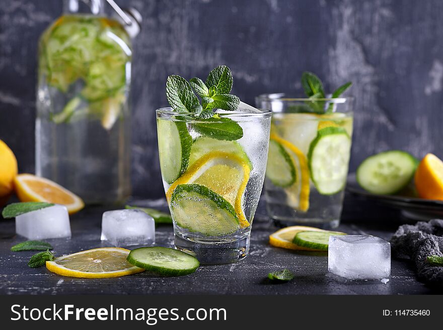 Lemonade with fresh cucumber, lemon and mint