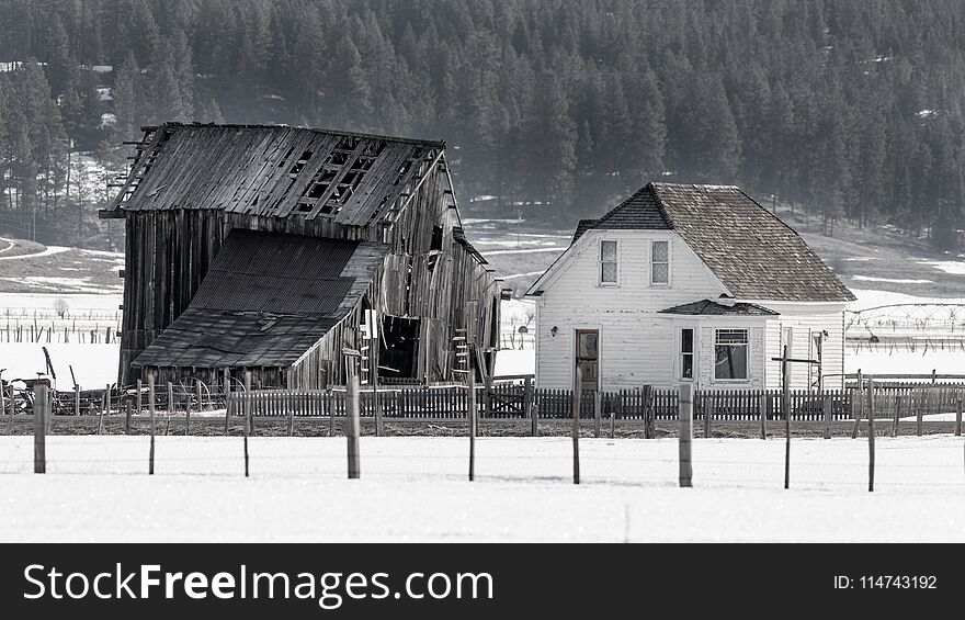 Old Abandoned Weather Homestead In Wither With A Forest And Snow