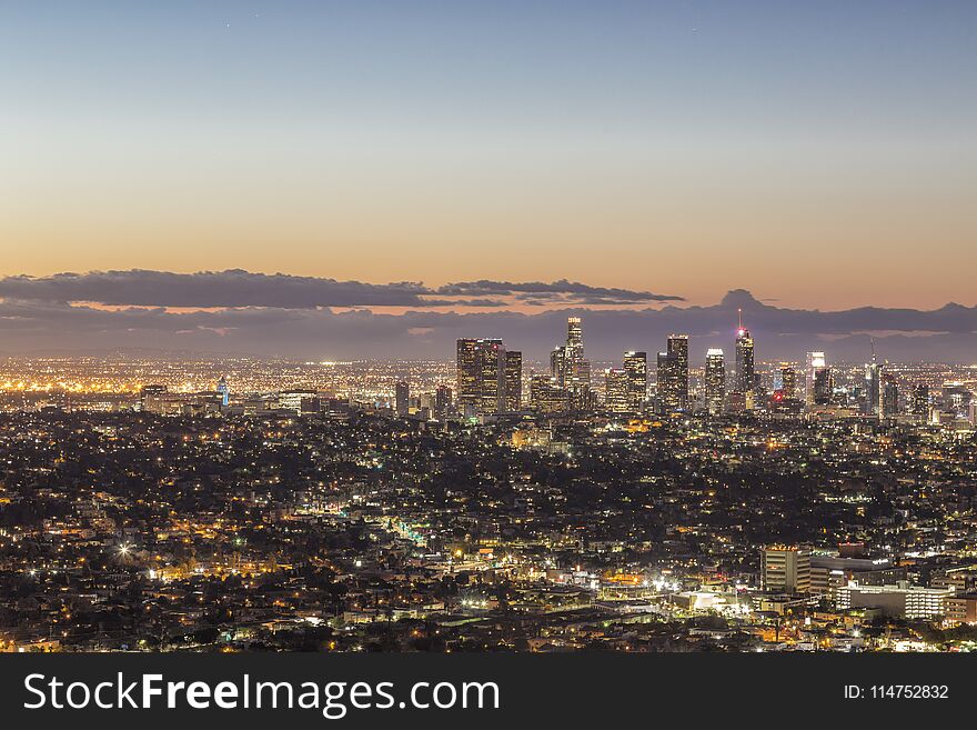 Los Angeles skyline view in sunrise. Los Angeles skyline view in sunrise