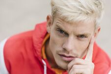 Close Up Portrait Of Handsome Blond Smiling Man Wlaking In The P Stock Photography