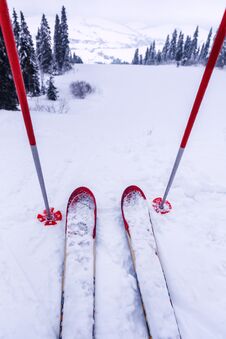Red Ski And Sticks On The Snow Hill Stock Images