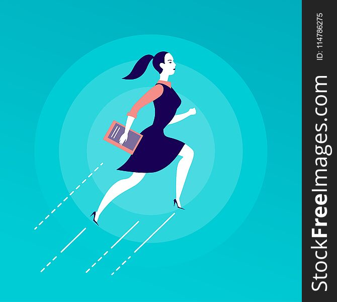 Vector flat illustration with business lady jumping upwards isolated on blue background.