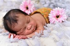 Asian Little Baby Newborn Girl Sleeping On A Lace With Flower Pattern Stock Photo
