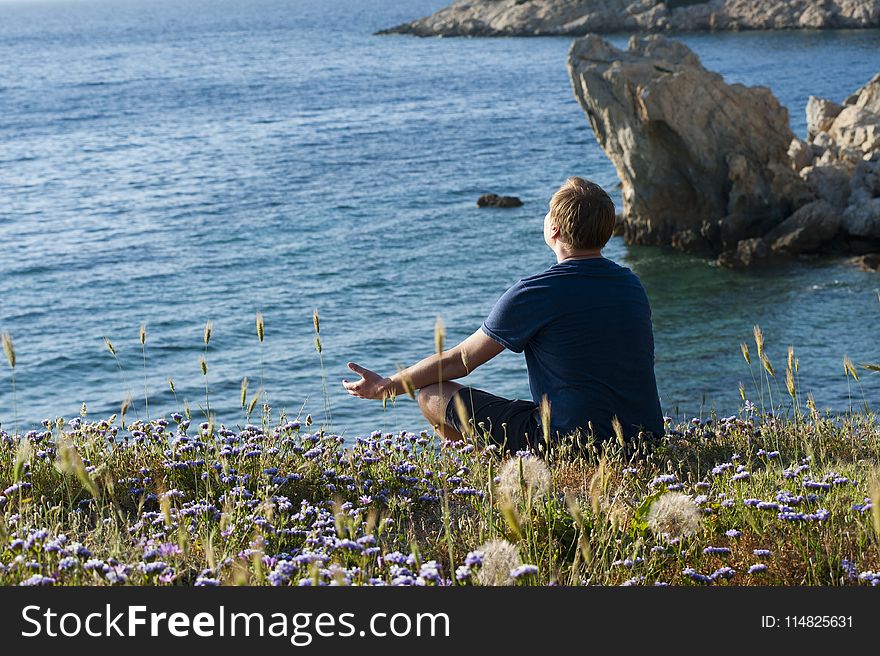 Man Sitting on Flower Fields Facing Ocean